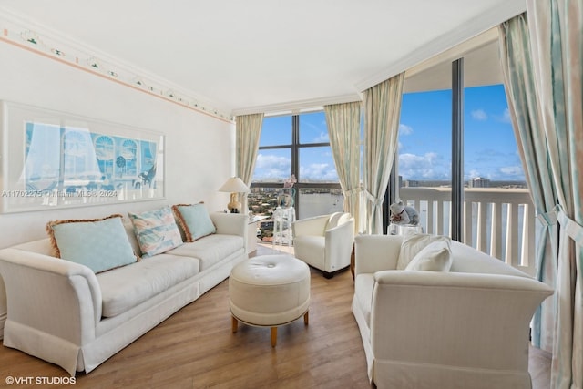 living room featuring hardwood / wood-style flooring and expansive windows