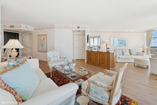 living room featuring a healthy amount of sunlight and light hardwood / wood-style floors