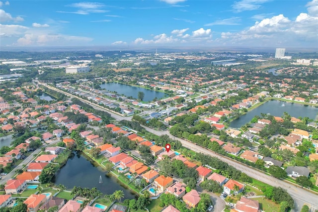 aerial view featuring a water view