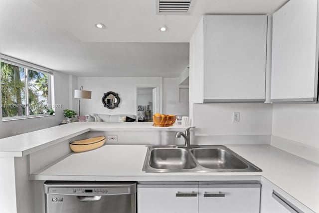 kitchen featuring kitchen peninsula, white cabinetry, stainless steel dishwasher, and sink