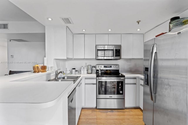 kitchen featuring white cabinetry, sink, stainless steel appliances, and light hardwood / wood-style flooring