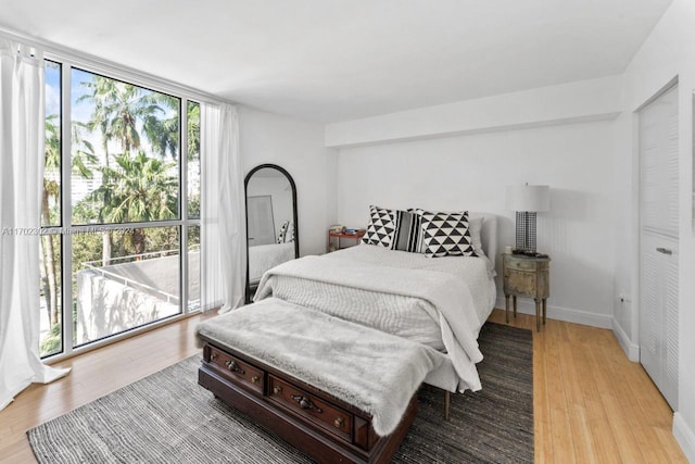 bedroom with light hardwood / wood-style flooring and multiple windows