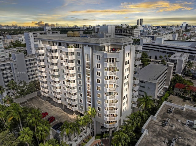 view of outdoor building at dusk