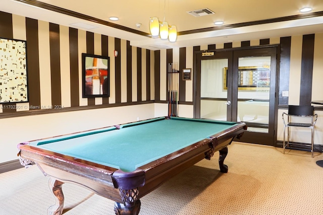 game room featuring carpet flooring, ornamental molding, and pool table