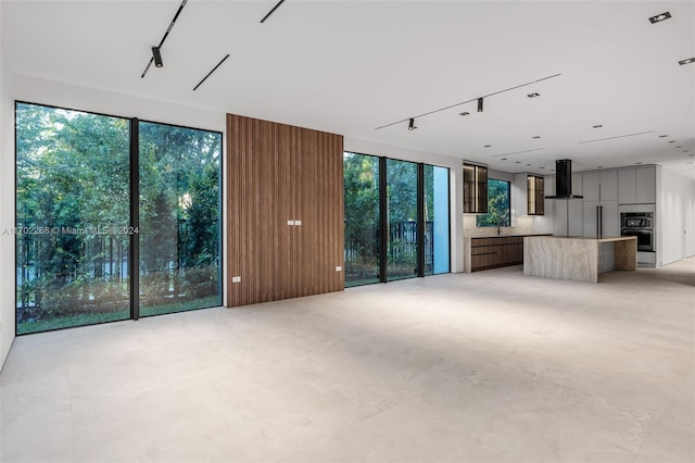 unfurnished living room featuring plenty of natural light, sink, and track lighting