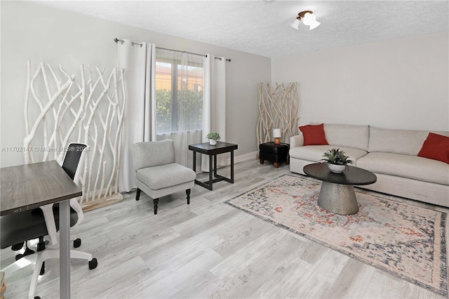 living room with light hardwood / wood-style floors and a textured ceiling