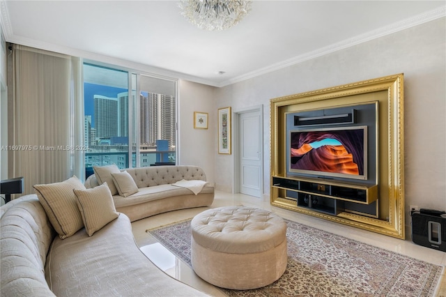 living room featuring tile patterned flooring, ornamental molding, and an inviting chandelier