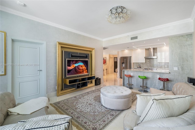 living room with crown molding