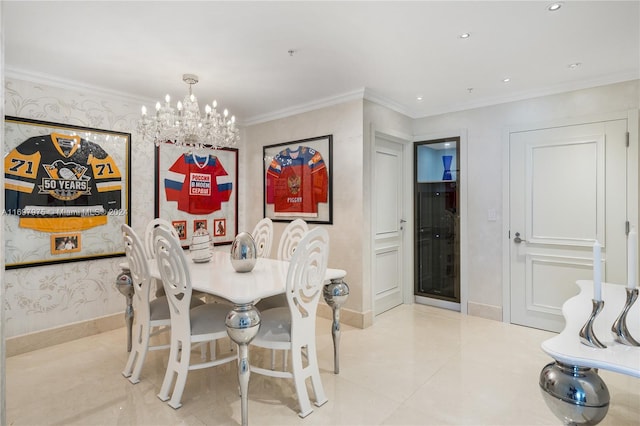 dining area featuring a chandelier and crown molding