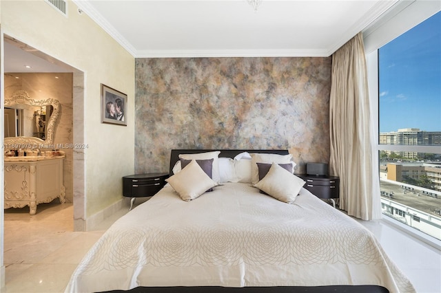 bedroom featuring tile patterned flooring and ornamental molding