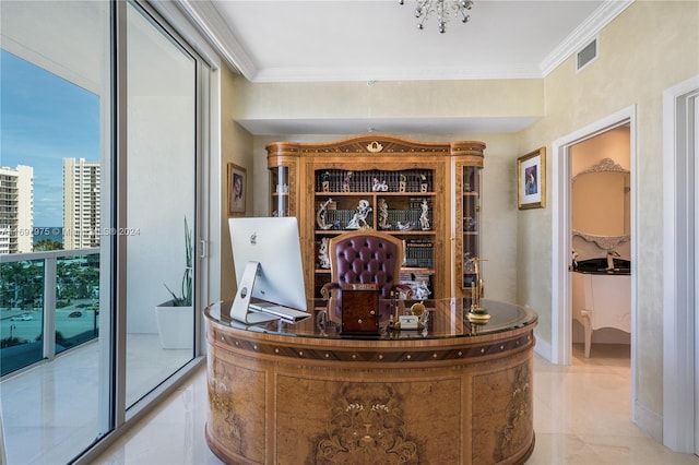 office with a healthy amount of sunlight and crown molding