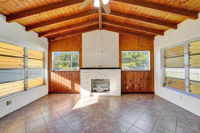 unfurnished living room with beam ceiling, wooden ceiling, and wood walls