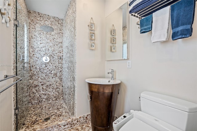 bathroom featuring a shower with door, vanity, and toilet