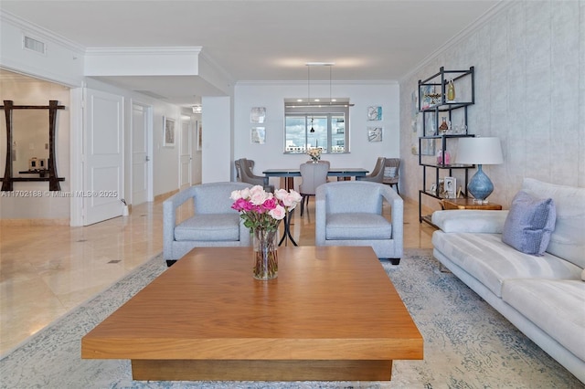 living room with crown molding