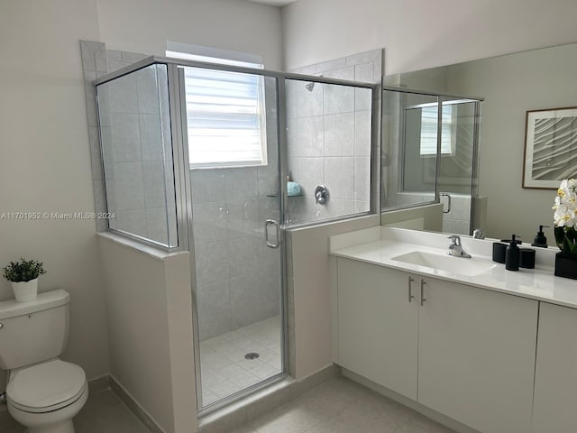 bathroom featuring an enclosed shower, vanity, and toilet