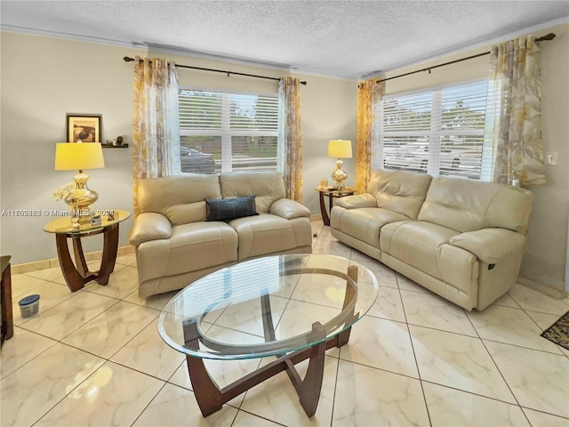 living room featuring a textured ceiling, plenty of natural light, and crown molding