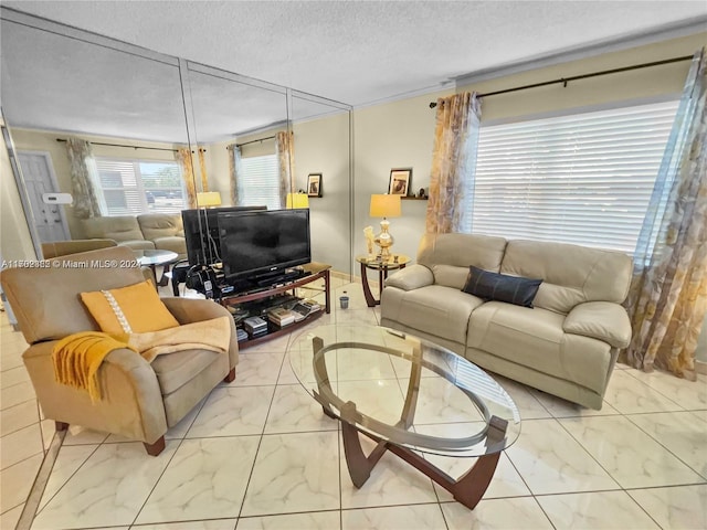 living room with a textured ceiling