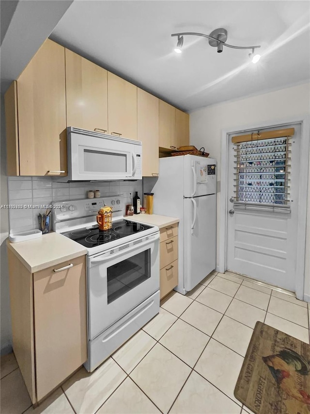 kitchen with decorative backsplash, light brown cabinets, white appliances, and light tile patterned floors