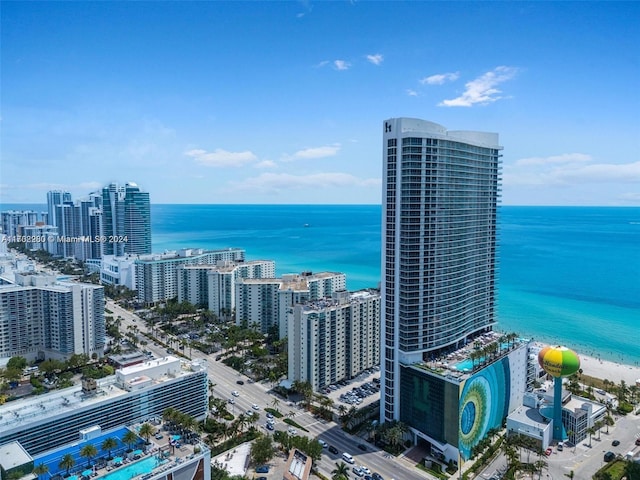 bird's eye view with a water view and a view of the beach