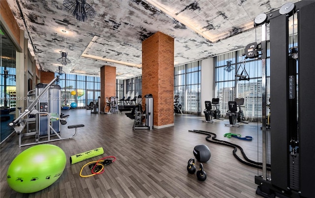 exercise room featuring a wall of windows, a wealth of natural light, and dark wood finished floors