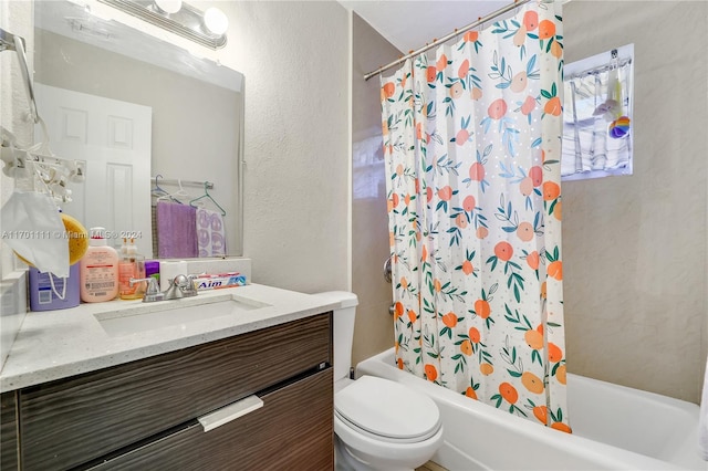 full bathroom featuring shower / bath combo, toilet, and vanity