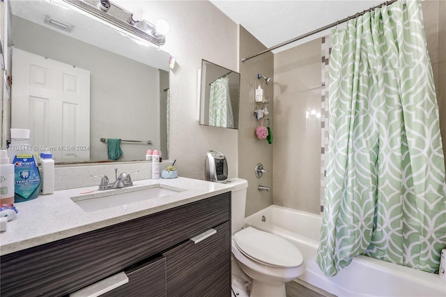 full bathroom with vanity, toilet, and shower / tub combo with curtain