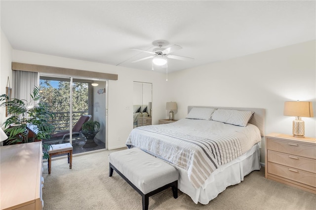 carpeted bedroom with access to outside and ceiling fan