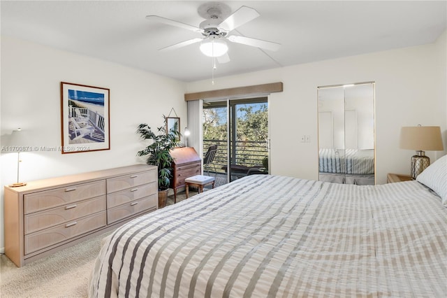 carpeted bedroom featuring ceiling fan and access to outside