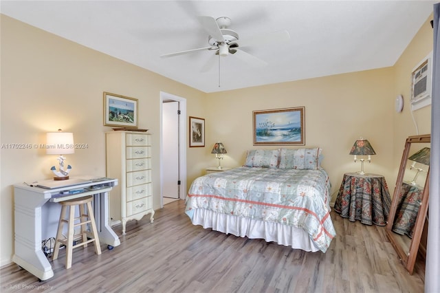 bedroom featuring light wood-type flooring and ceiling fan