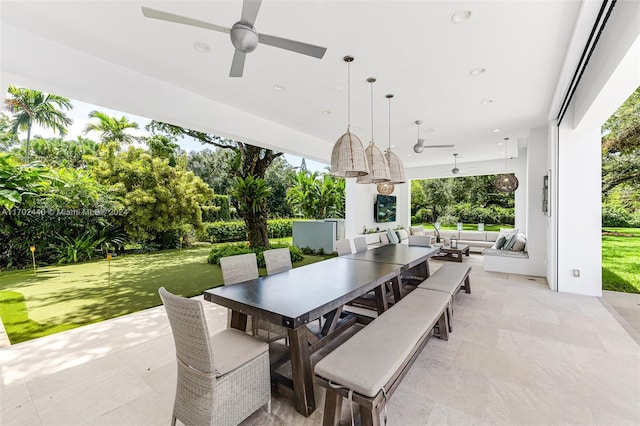 view of patio featuring ceiling fan and an outdoor hangout area