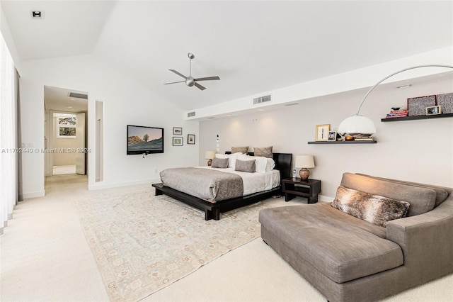 bedroom featuring ceiling fan, light carpet, and high vaulted ceiling