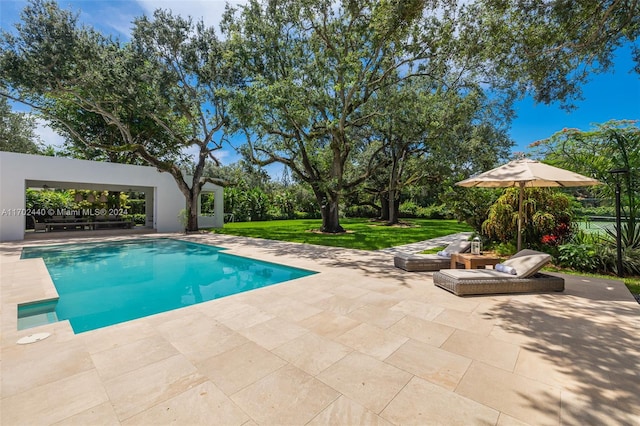 view of swimming pool with a patio area and a lawn