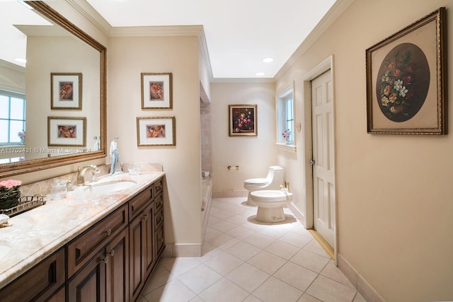 full bathroom with vanity, crown molding, a bidet, tile patterned flooring, and toilet