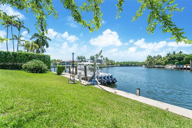 view of dock featuring a yard and a water view