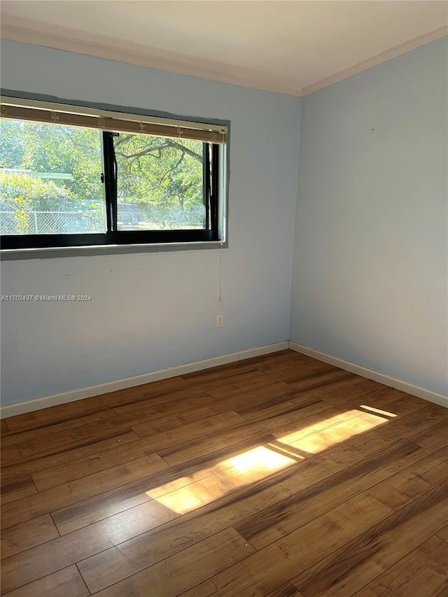 spare room featuring light hardwood / wood-style flooring and ornamental molding