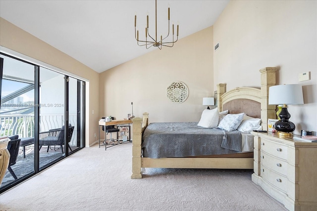 carpeted bedroom featuring access to exterior and high vaulted ceiling