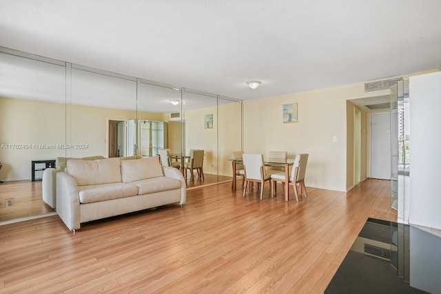 living room with light hardwood / wood-style floors and a textured ceiling