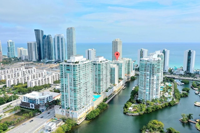 aerial view featuring a water view