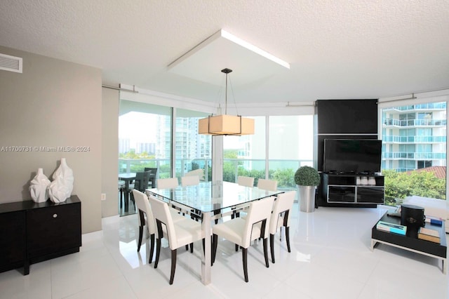 tiled dining room with expansive windows, a healthy amount of sunlight, and a textured ceiling