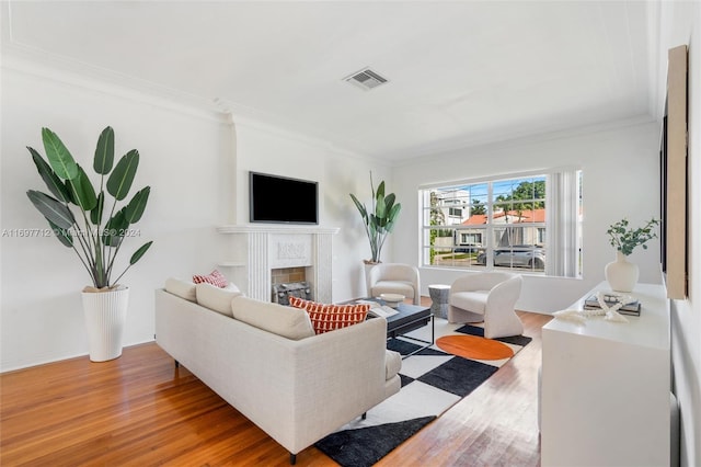 living room featuring hardwood / wood-style floors and ornamental molding