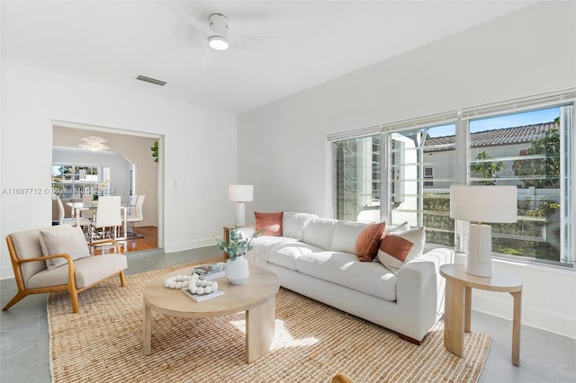 living room featuring ceiling fan