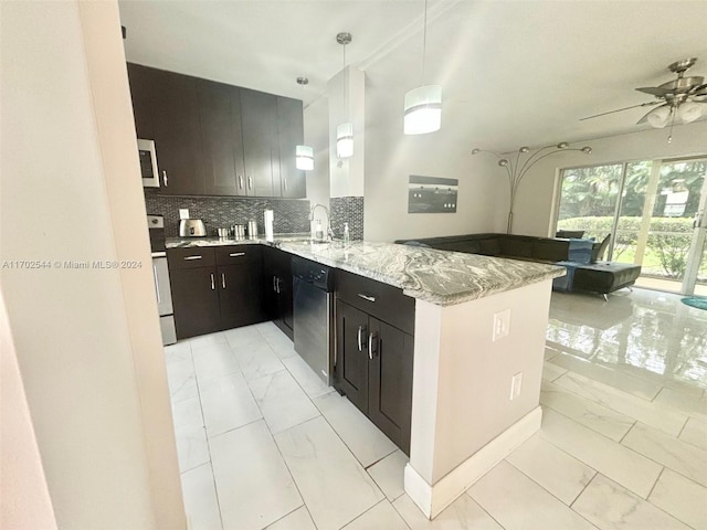 kitchen with kitchen peninsula, backsplash, ceiling fan, decorative light fixtures, and dishwasher