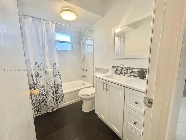 full bathroom featuring vanity, tile patterned floors, toilet, shower / bathtub combination with curtain, and tasteful backsplash