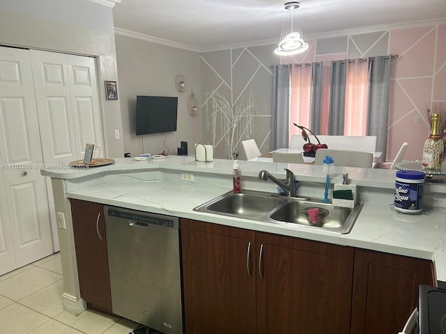 kitchen featuring sink, hanging light fixtures, stainless steel dishwasher, light tile patterned floors, and ornamental molding