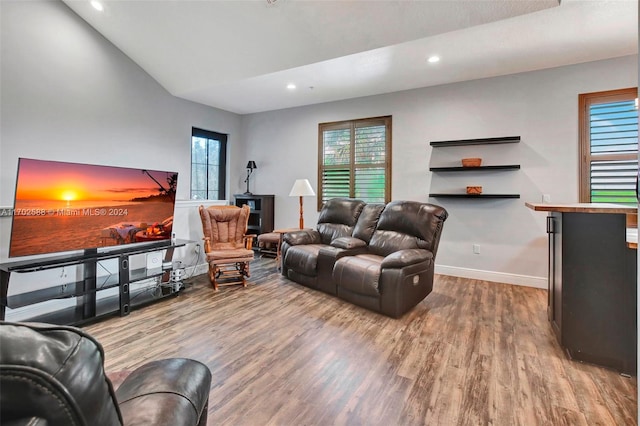 living room featuring wood-type flooring and lofted ceiling