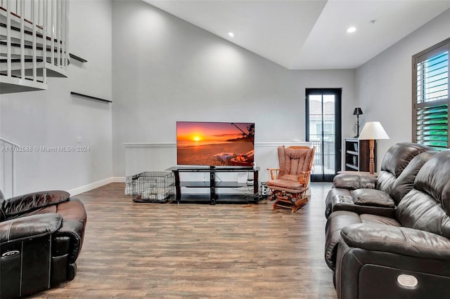 living room with hardwood / wood-style flooring and high vaulted ceiling