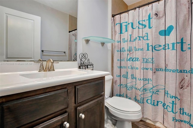 bathroom with wood-type flooring, vanity, toilet, and curtained shower