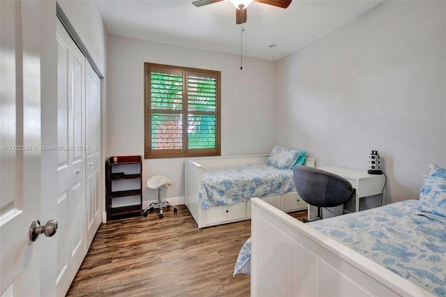 bedroom featuring ceiling fan, a closet, and dark wood-type flooring