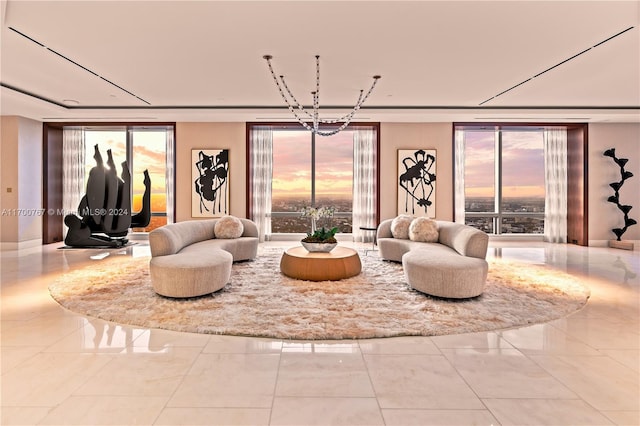 tiled living room with expansive windows