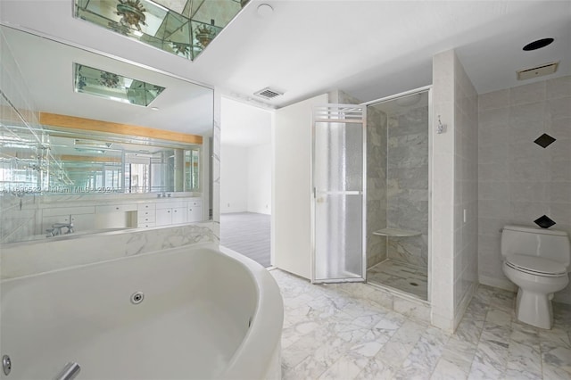 full bathroom featuring vanity, independent shower and bath, tile walls, and toilet